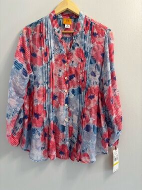 Ruby Rd. Floral Button Down Blouse Size M NWT MultiColor Pleated Front Soft Boho